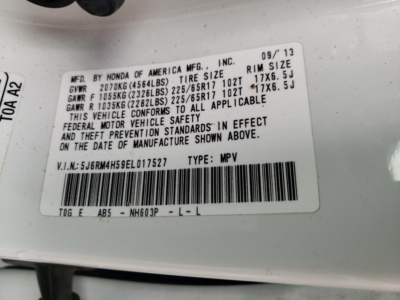 2014 Honda Cr-V Ex VIN: 5J6RM4H59EL017527 Lot: 91370015