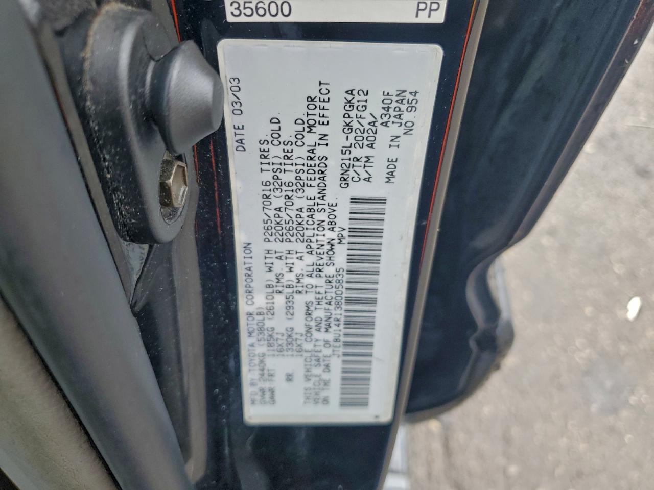 2003 Toyota 4Runner Sr5 VIN: JTEBU14R138005835 Lot: 94465955