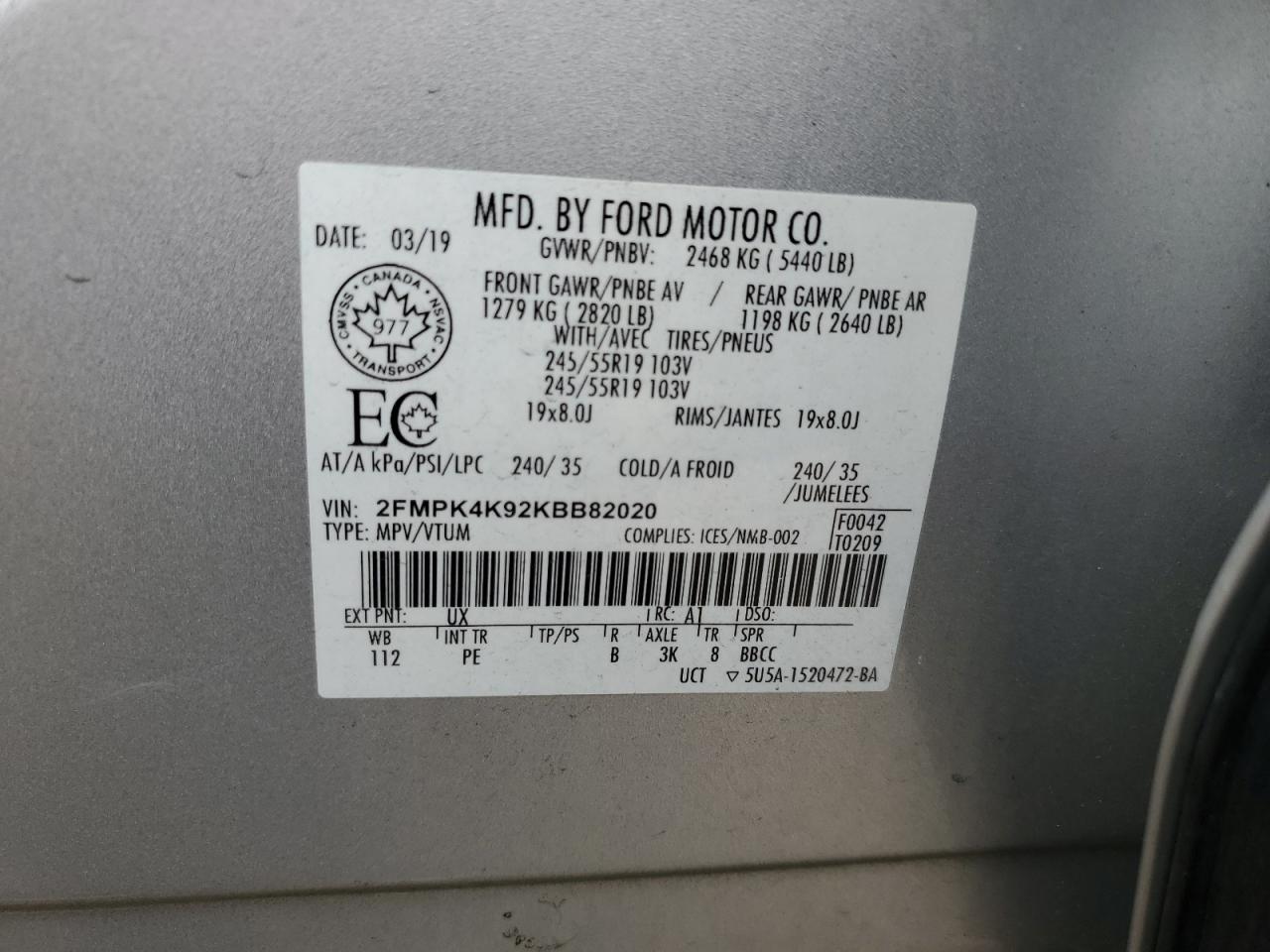 2019 Ford Edge Titanium VIN: 2FMPK4K92KBB82020 Lot: 90437795