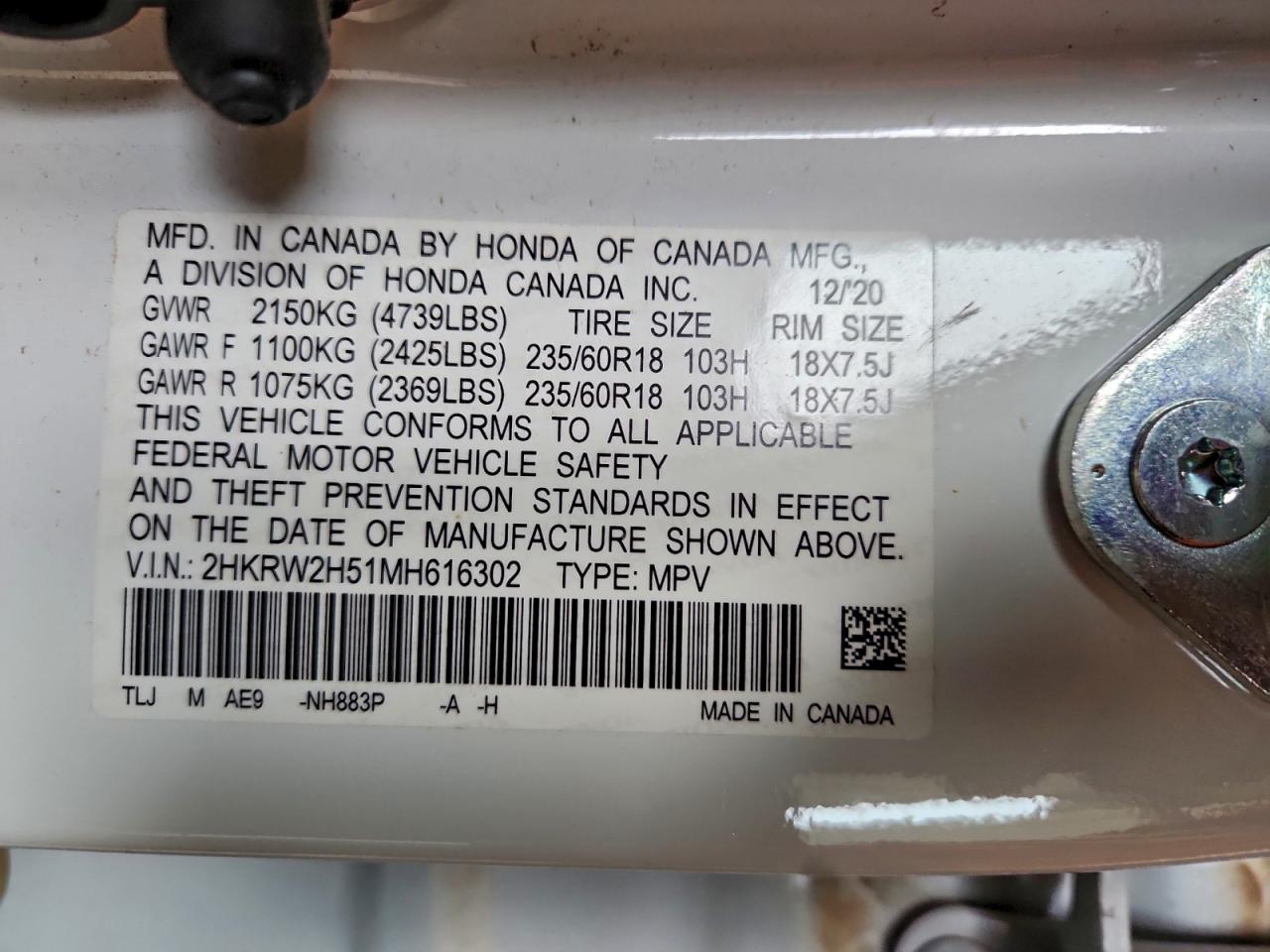 2021 Honda Cr-V Ex VIN: 2HKRW2H51MH616302 Lot: 91363815