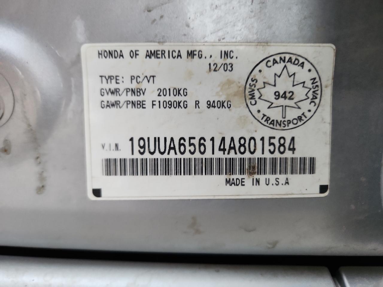 2004 Acura Tl VIN: 19UUA65614A801584 Lot: 92868935