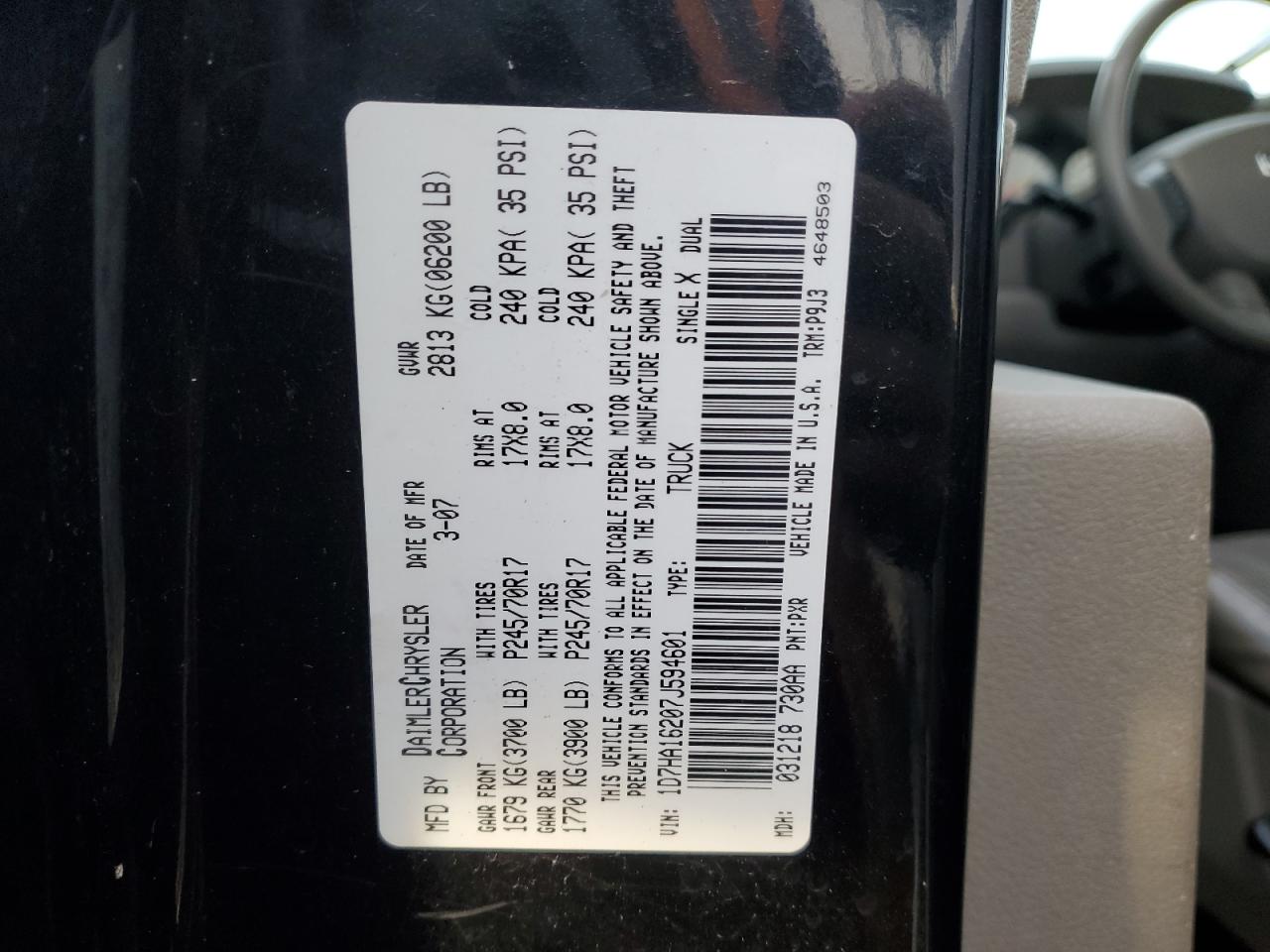 2007 Dodge Ram 1500 St VIN: 1D7HA16207J594601 Lot: 92838865