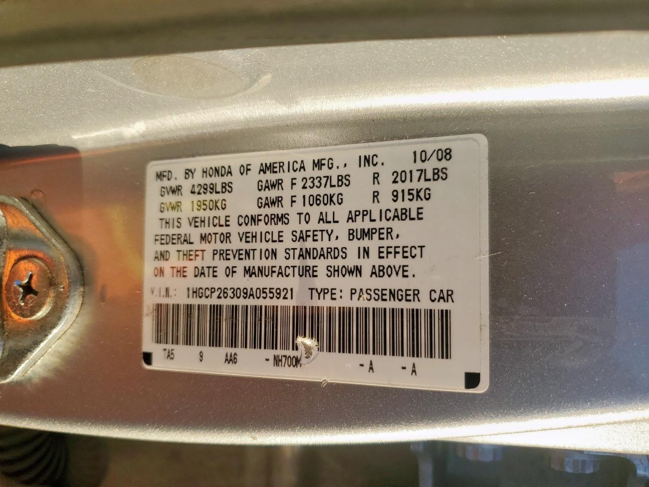 2009 Honda Accord Lx VIN: 1HGCP26309A055921 Lot: 91356585