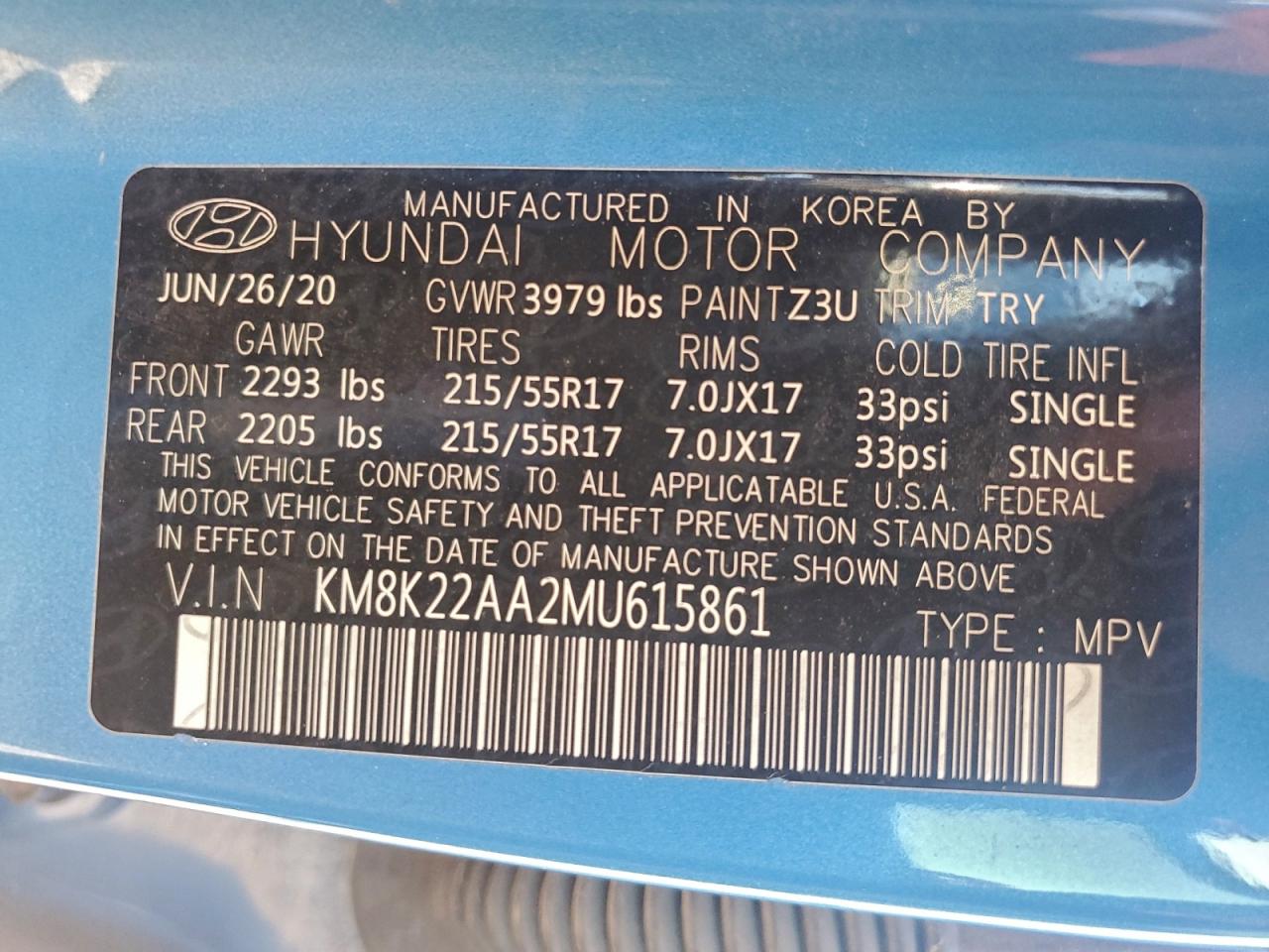 2021 Hyundai Kona Sel VIN: KM8K22AA2MU615861 Lot: 94385535