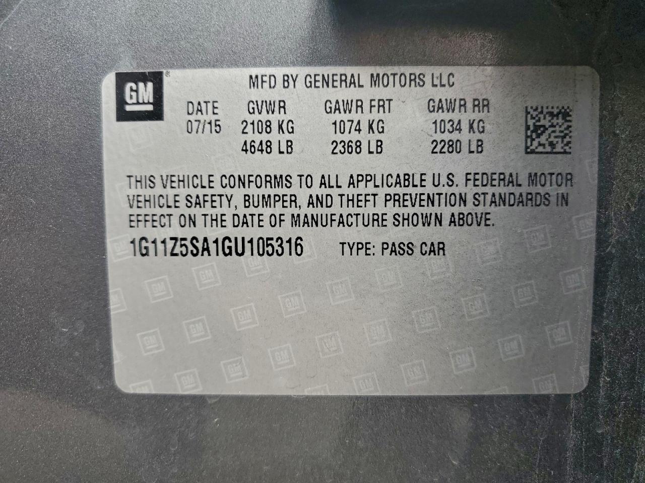 2016 Chevrolet Impala Ls VIN: 1G11Z5SA1GU105316 Lot: 94357405