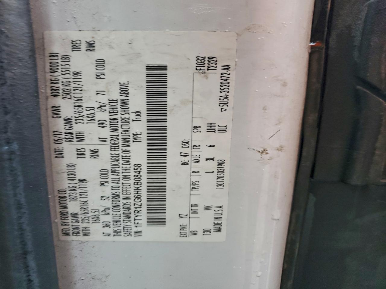 2017 Ford Transit T-250 VIN: 1FTYR1ZG6HKB08458 Lot: 93442485