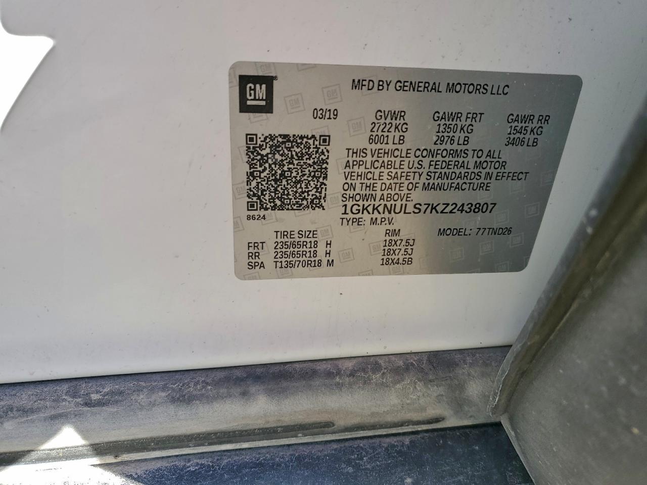 2019 GMC Acadia Slt-1 VIN: 1GKKNULS7KZ243807 Lot: 94137145