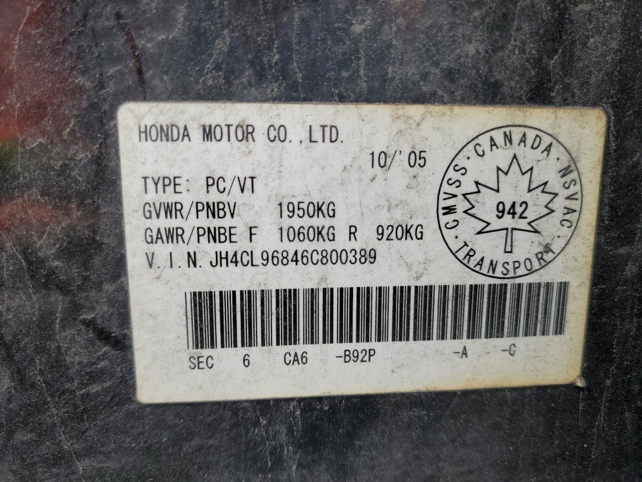 2006 Acura Tsx VIN: JH4CL96846C800389 Lot: 93679575