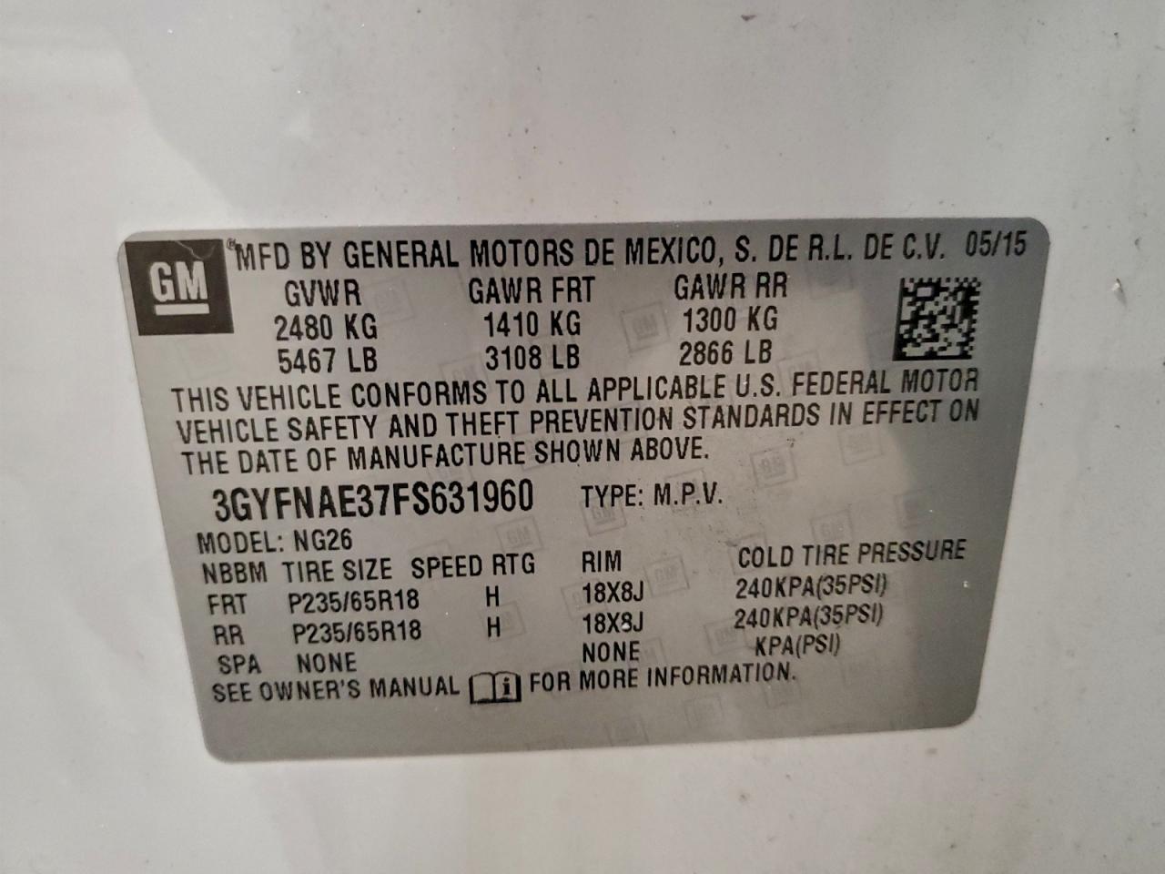 2015 Cadillac Srx VIN: 3GYFNAE37FS631960 Lot: 93831815