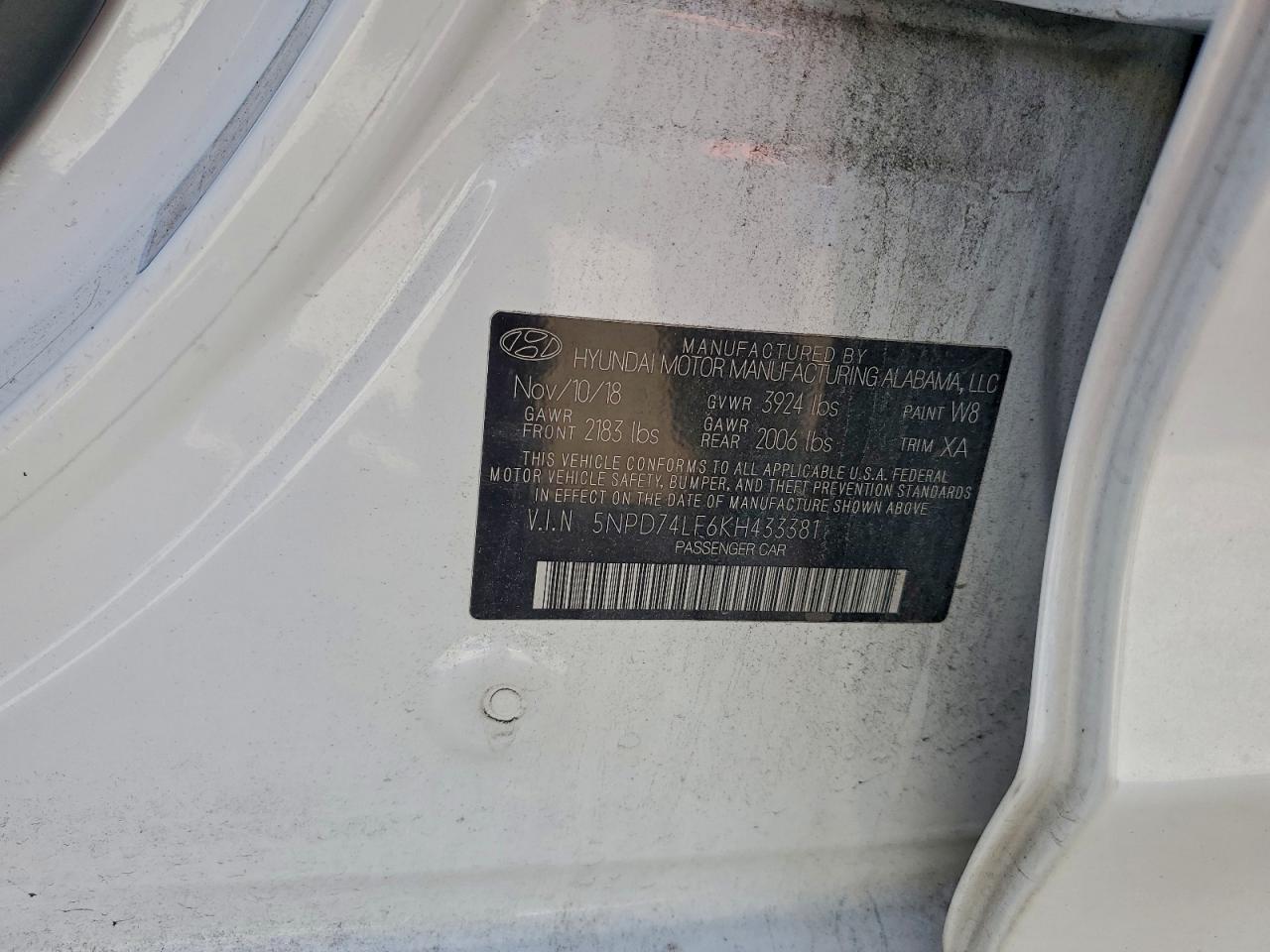 2019 Hyundai Elantra Se VIN: 5NPD74LF6KH433381 Lot: 93991955