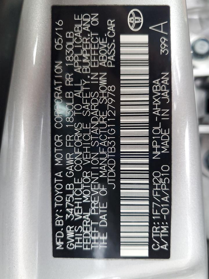 2016 Toyota Prius C VIN: JTDKDTB31G1127978 Lot: 92437395