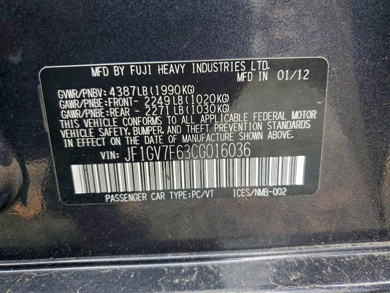 2012 Subaru Impreza Wrx VIN: JF1GV7F63CG016036 Lot: 94012225