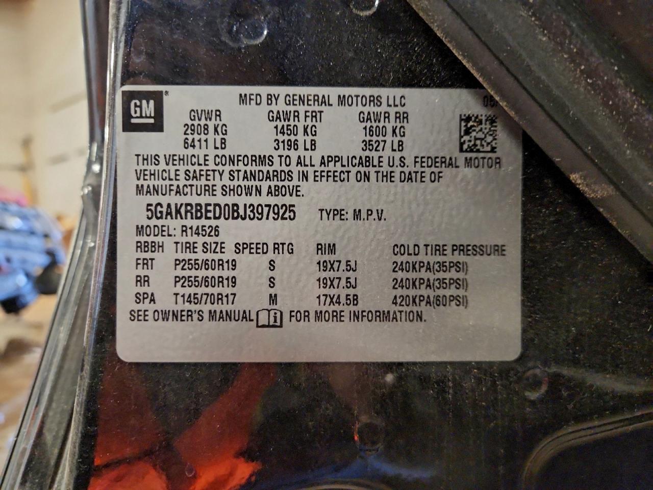 2011 Buick Enclave Cxl VIN: 5GAKRBED0BJ397925 Lot: 94114495