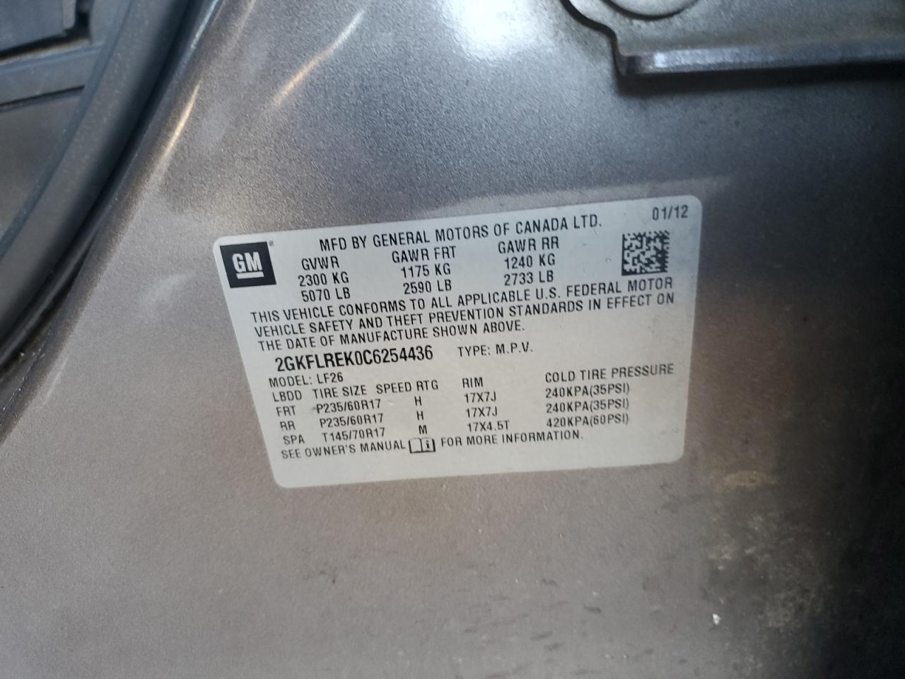 2012 GMC Terrain Sle VIN: 2GKFLREK0C6254436 Lot: 92806905