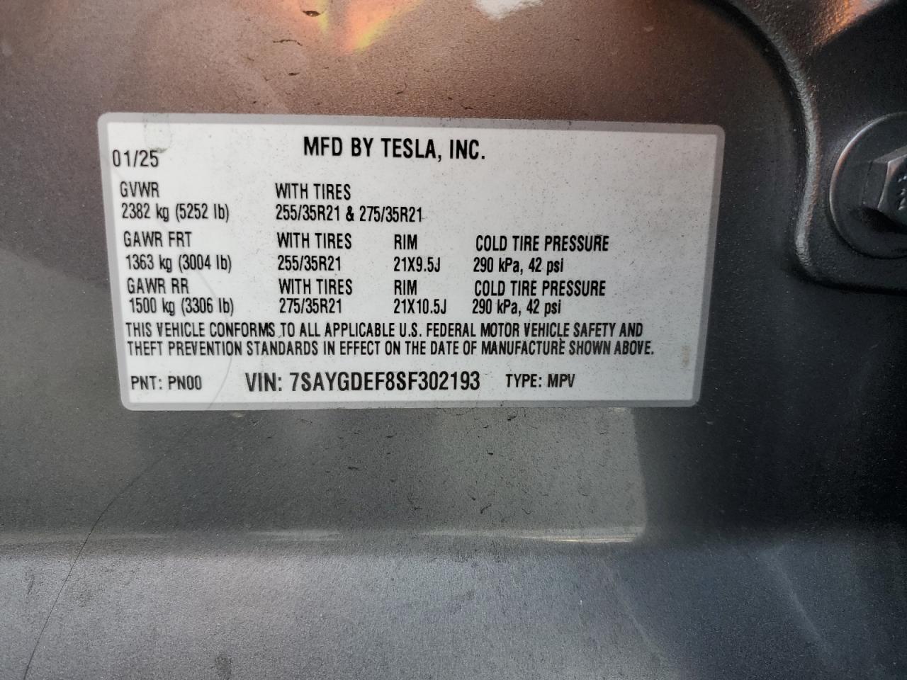 2025 Tesla Model Y VIN: 7SAYGDEF8SF302193 Lot: 91138505