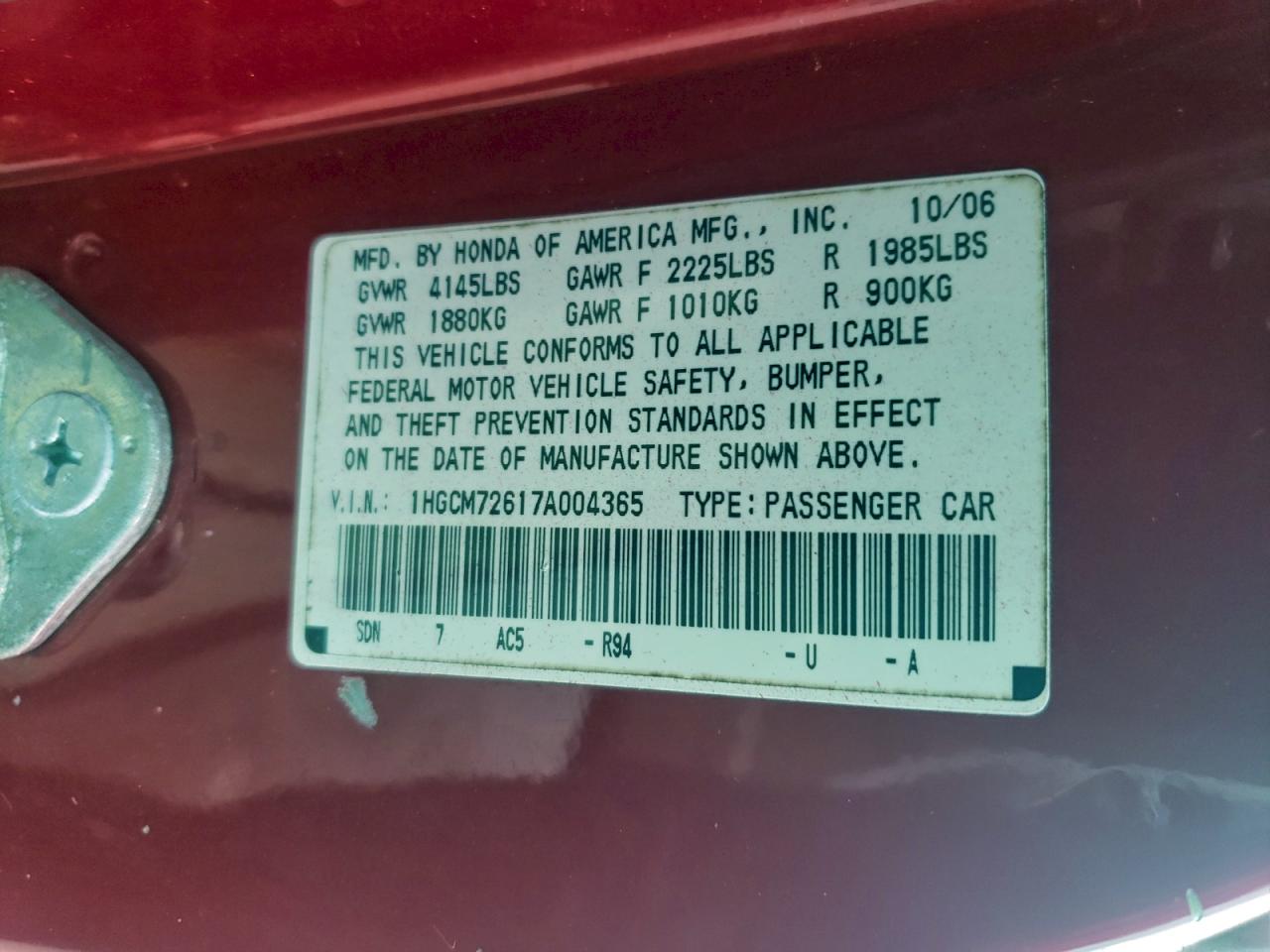 2007 Honda Accord Ex VIN: 1HGCM72617A004365 Lot: 94041845