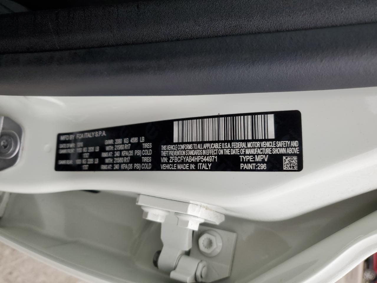 2017 Fiat 500X Pop VIN: ZFBCFYAB4HP544971 Lot: 92637625