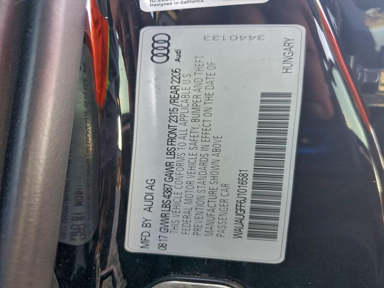 2018 Audi A3 Premium VIN: WAUAUGFF6J1016581 Lot: 93902055