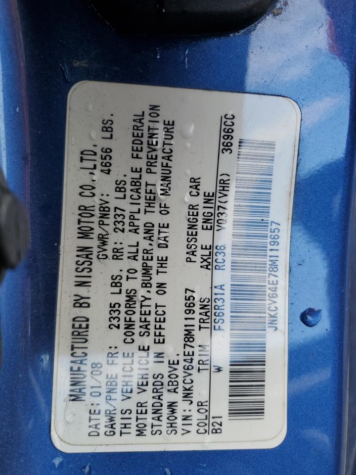 2008 Infiniti G37 Base VIN: JNKCV64E78M119657 Lot: 92114305