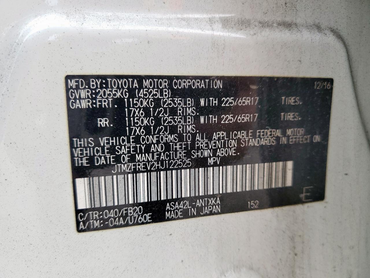 2017 Toyota Rav4 Le VIN: JTMZFREV2HJ122525 Lot: 91898375