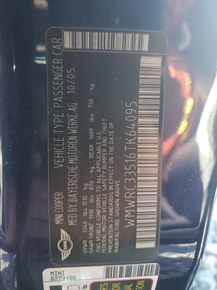 2006 Mini Cooper VIN: WMWRC33516TK64095 Lot: 92469665