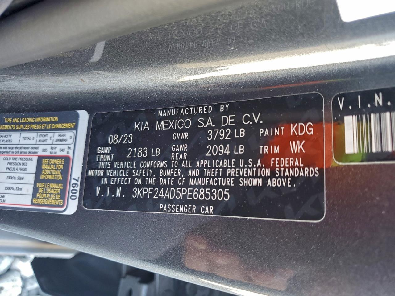 2023 Kia Forte Lx VIN: 3KPF24AD5PE685305 Lot: 94057835