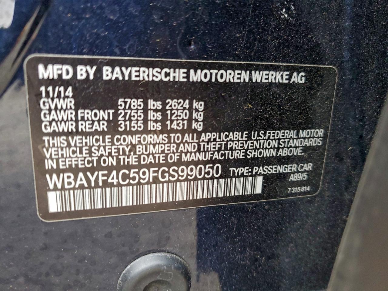 2015 BMW 740 Lxi VIN: WBAYF4C59FGS99050 Lot: 93010805