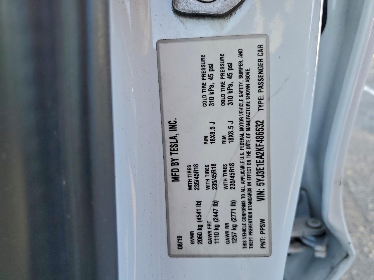 2019 Tesla Model 3 VIN: 5YJ3E1EA2KF486532 Lot: 93623235