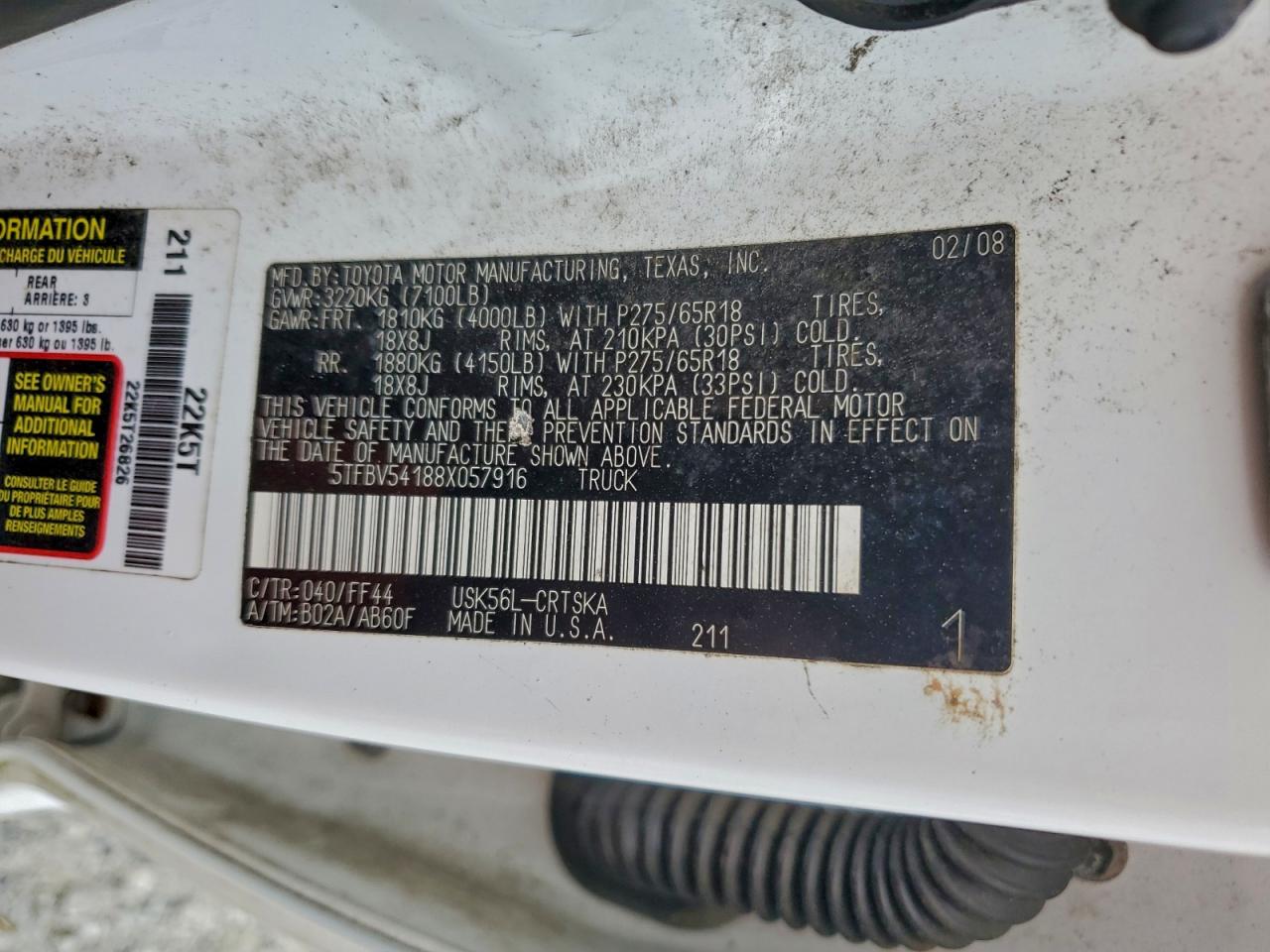 2008 Toyota Tundra Double Cab VIN: 5TFBV54188X057916 Lot: 94037185