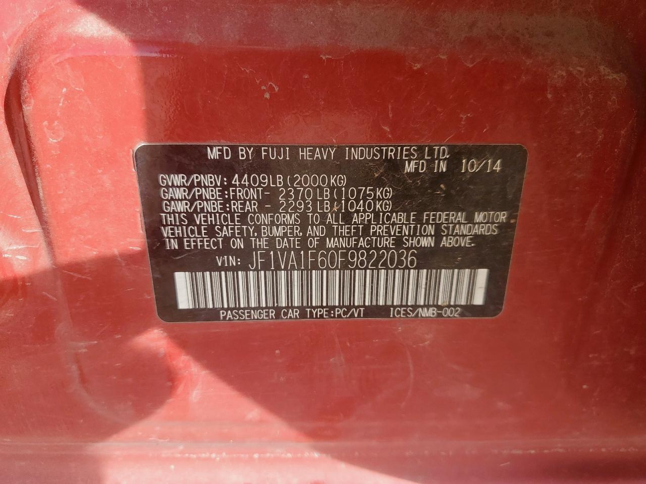 2015 Subaru Wrx Premium VIN: JF1VA1F60F9822036 Lot: 93080855