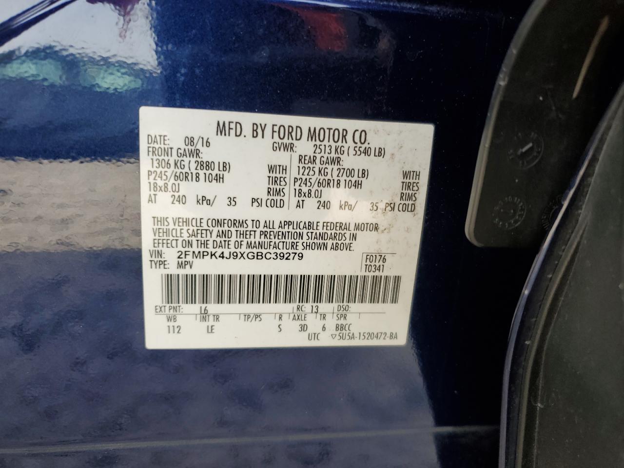 2016 Ford Edge Sel VIN: 2FMPK4J9XGBC39279 Lot: 91811325