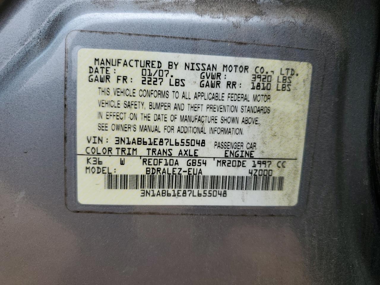 2007 Nissan Sentra 2.0 VIN: 3N1AB61E87L655048 Lot: 93306365