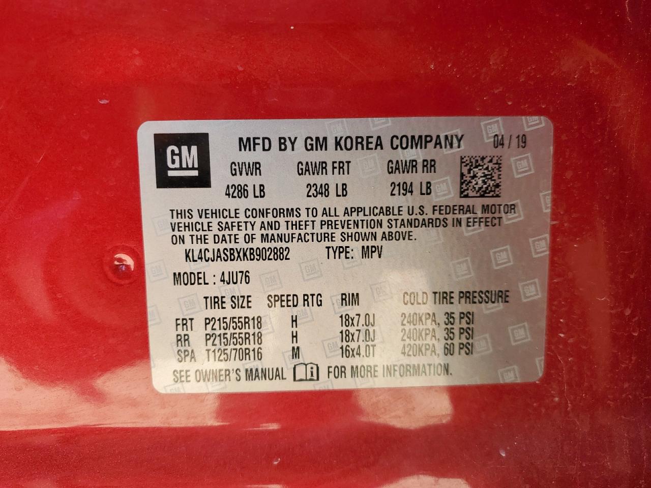 2019 Buick Encore Preferred VIN: KL4CJASBXKB902882 Lot: 92228875