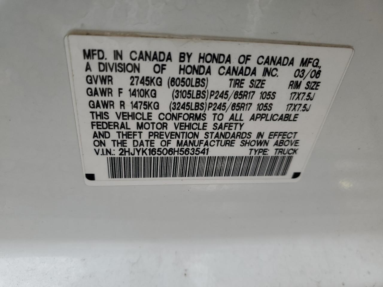 2006 Honda Ridgeline Rtl VIN: 2HJYK16506H563541 Lot: 93064425