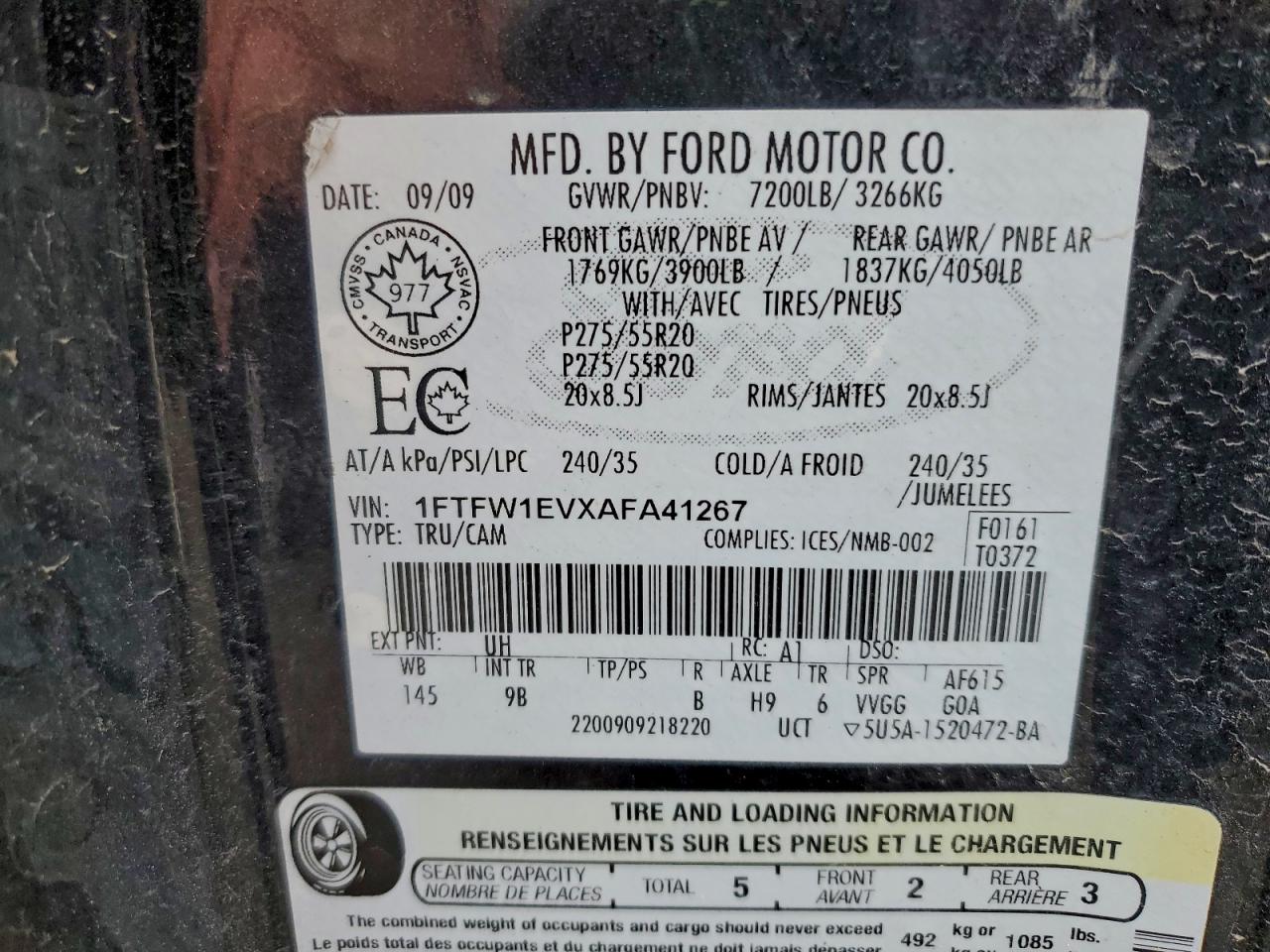 2010 Ford F150 Supercrew VIN: 1FTFW1EVXAFA41267 Lot: 94862765