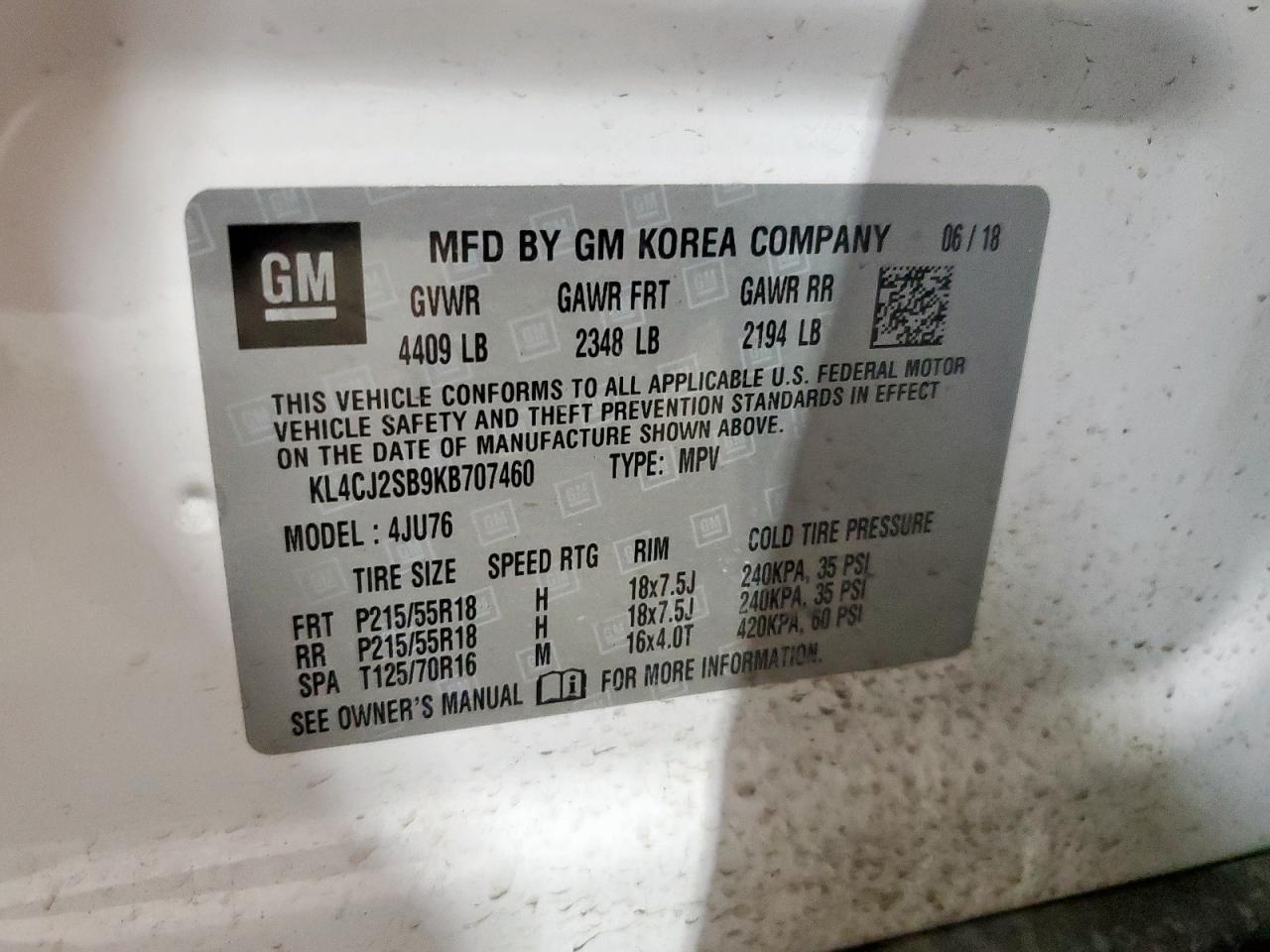 2019 Buick Encore Sport Touring VIN: KL4CJ2SB9KB707460 Lot: 91594845