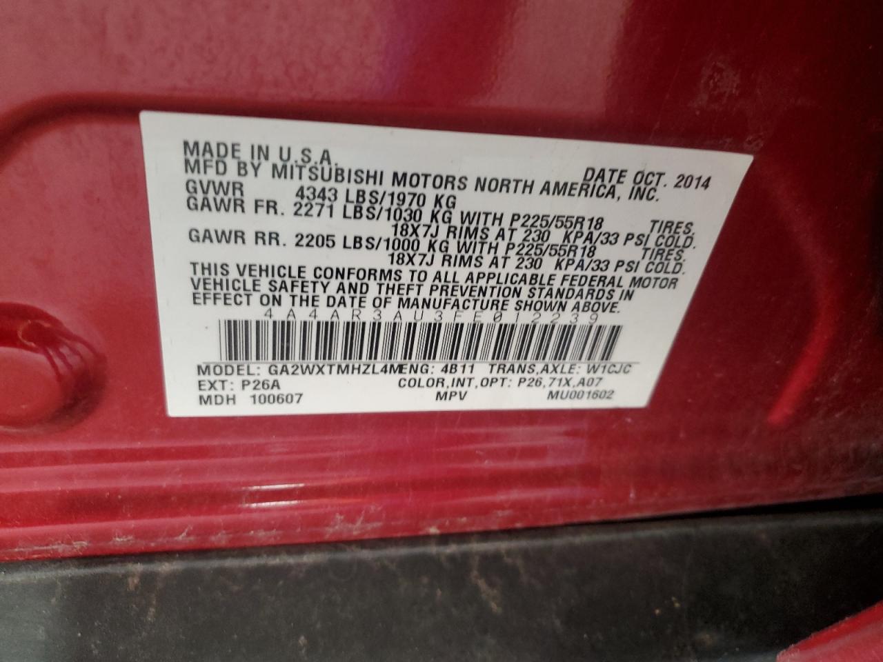 2015 Mitsubishi Outlander Sport Es VIN: 4A4AR3AU3FE012239 Lot: 91238605