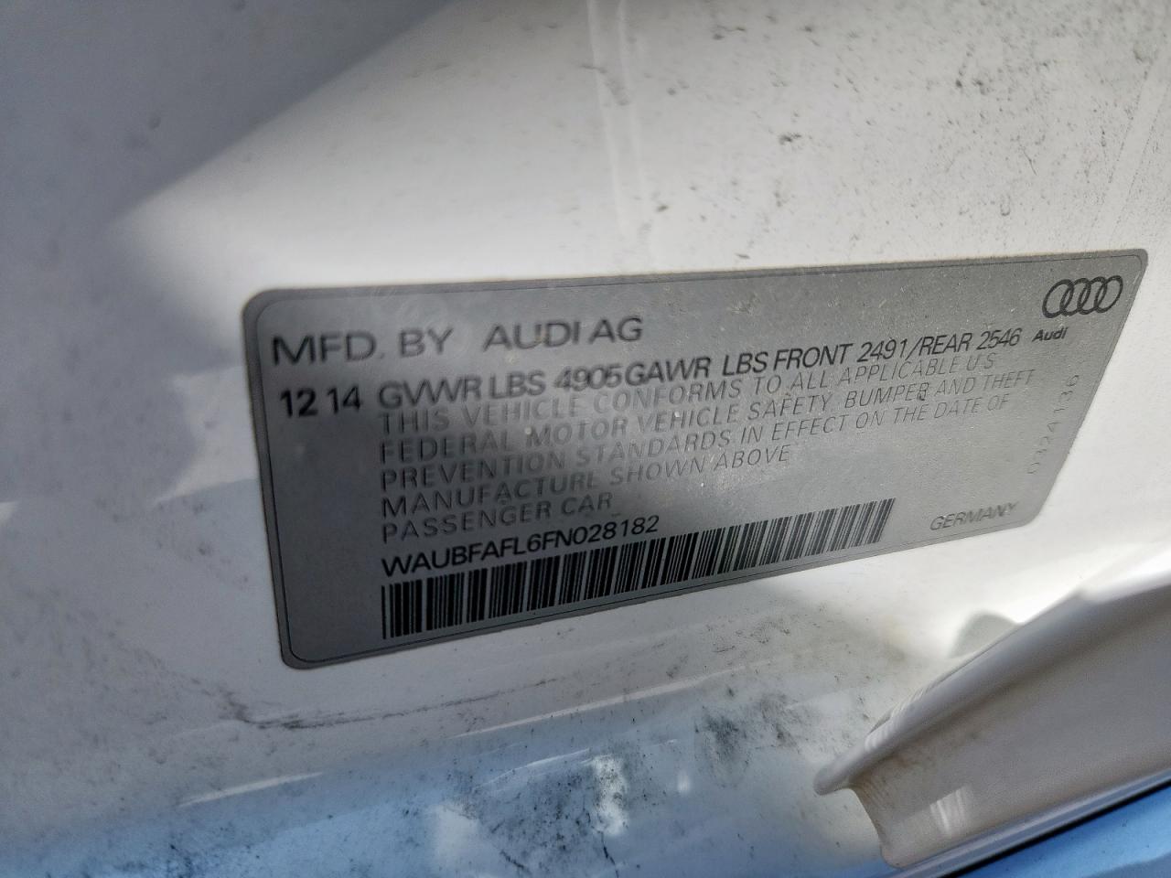 2015 Audi A4 Premium VIN: WAUBFAFL6FN028182 Lot: 91012875