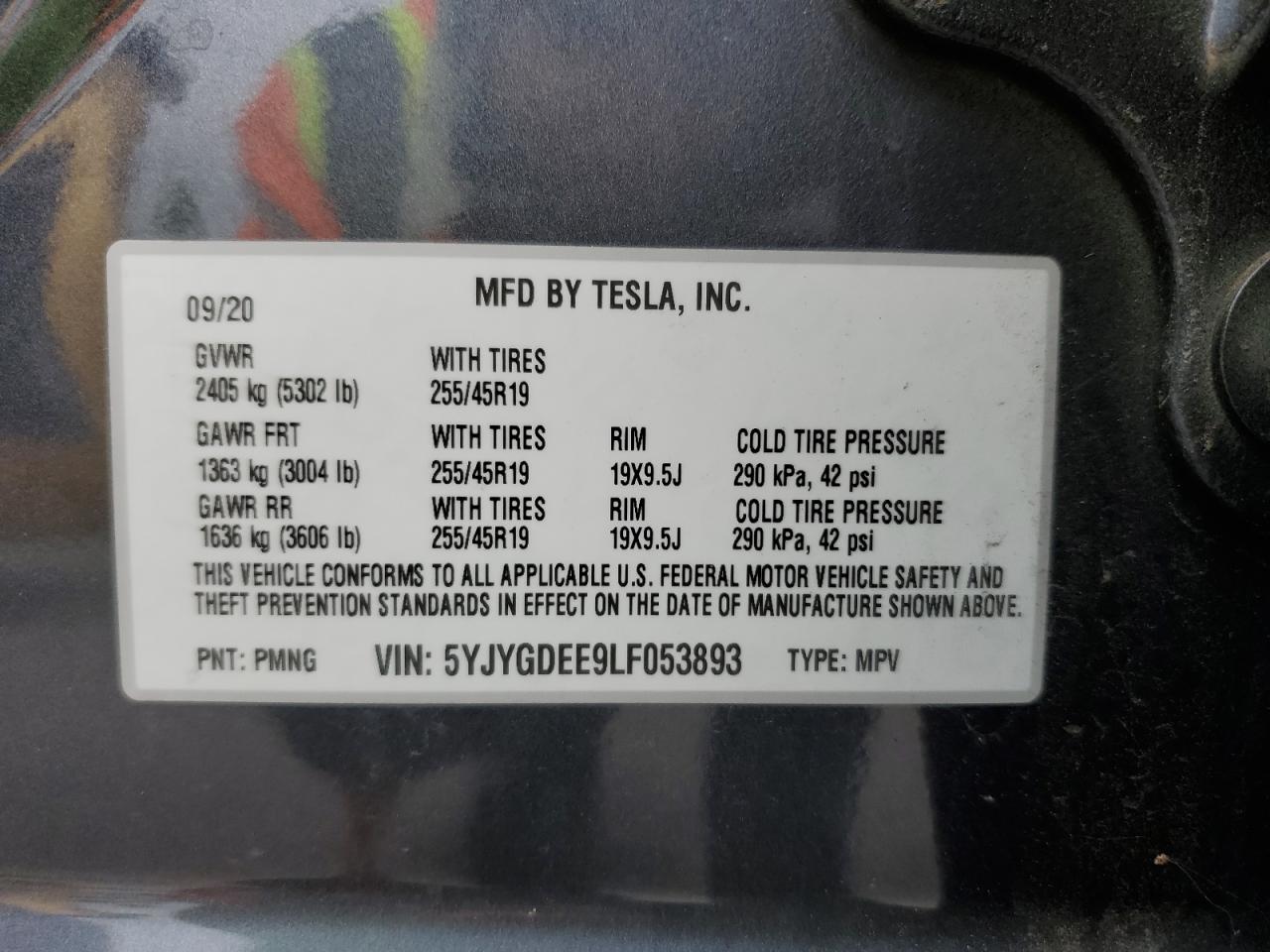 2020 Tesla Model Y VIN: 5YJYGDEE9LF053893 Lot: 91926345