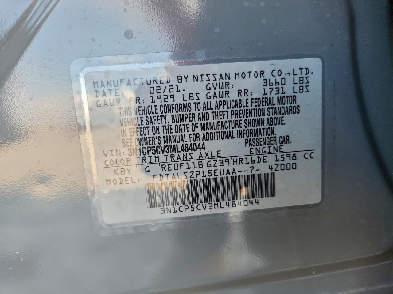 2021 Nissan Kicks Sv VIN: 3N1CP5CV3ML484044 Lot: 93786385