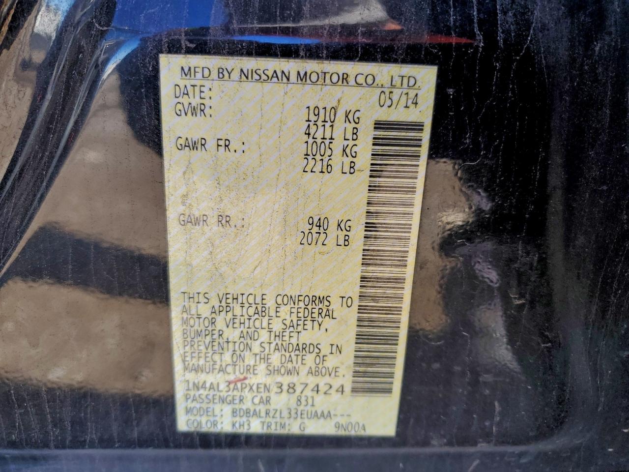 2014 Nissan Altima 2.5 VIN: 1N4AL3APXEN387424 Lot: 94299195