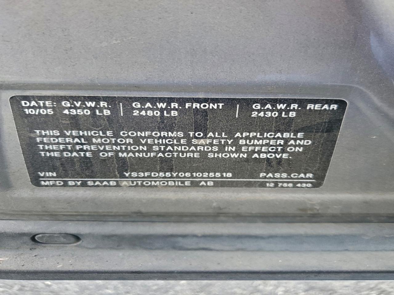 2006 Saab 9-3 VIN: YS3FD55Y061025518 Lot: 94333635
