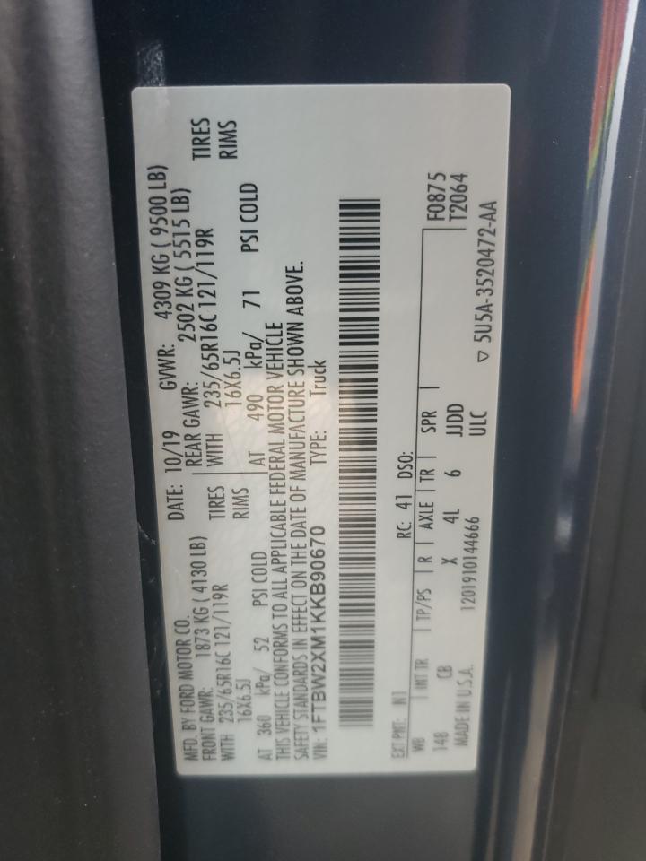 2019 Ford Transit T-350 VIN: 1FTBW2XM1KKB90670 Lot: 91860825