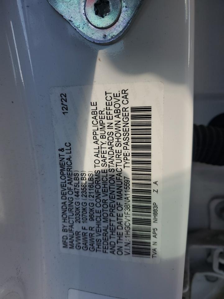 2022 Honda Accord Sport VIN: 1HGCV1F38NA115597 Lot: 94306715