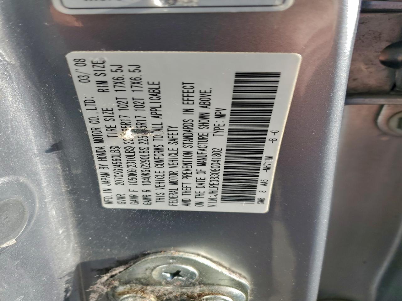 2008 Honda Cr-V Lx VIN: JHLRE38308C041802 Lot: 94183435