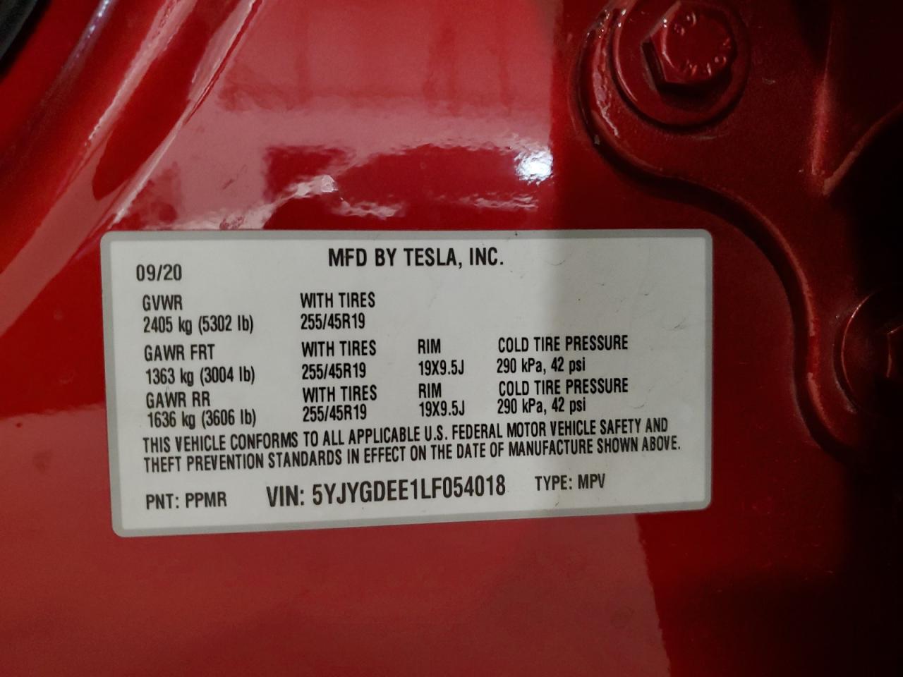 2020 Tesla Model Y VIN: 5YJYGDEE1LF054018 Lot: 91675275