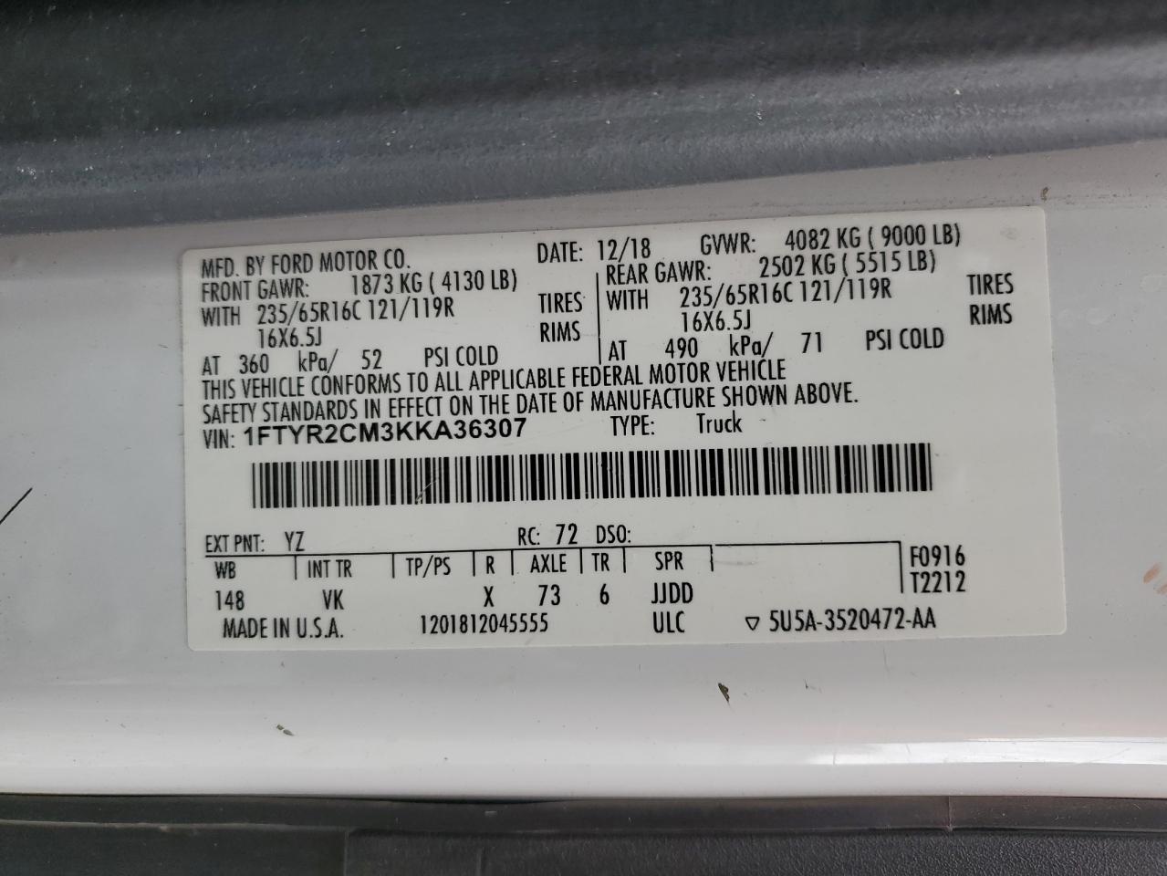 2019 Ford Transit Delivery Van VIN: 1FTYR2CM3KKA36307 Lot: 92913765