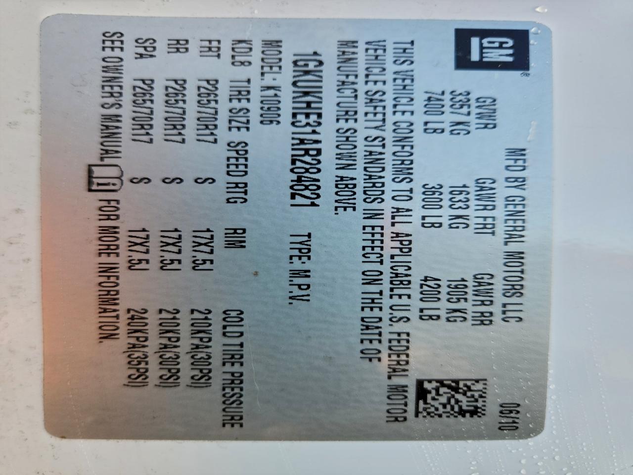 2010 GMC Yukon Xl K1500 Sle VIN: 1GKUKHE31AR284821 Lot: 93332405