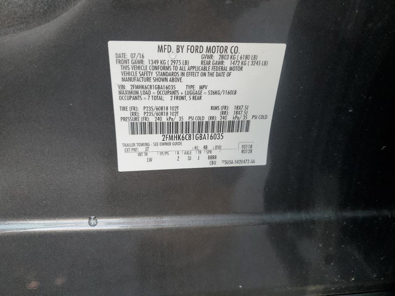 2016 Ford Flex Sel VIN: 2FMHK6C81GBA16035 Lot: 91480215