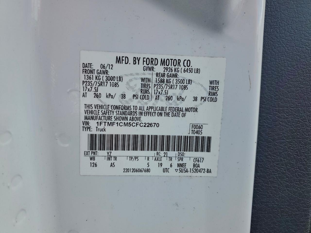 2012 Ford F150 VIN: 1FTMF1CM5CFC22670 Lot: 92766715